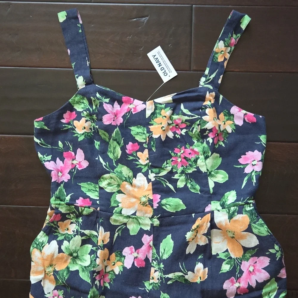 NEW Old Navy Wide Leg Blue Floral Linen-Blend Adjustable Strap Jumpsuit - MP - Picture 8 of 13